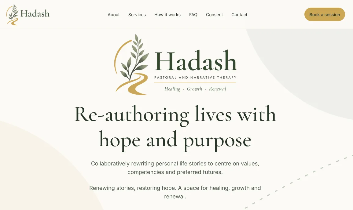 The Hadash website showing its logo, the line “Re-authoring lives with hope and purpose” and links to About, Services, How it works, FAQ, Consent and Contact