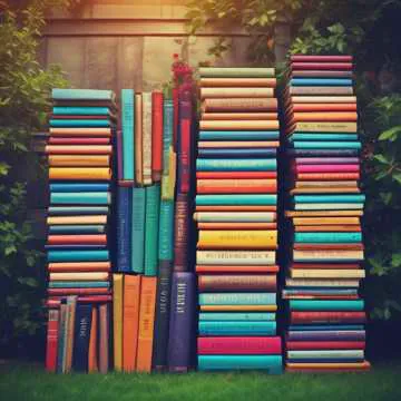 Cover art of colourful book stacks in a garden for the song “Kumon Rising”